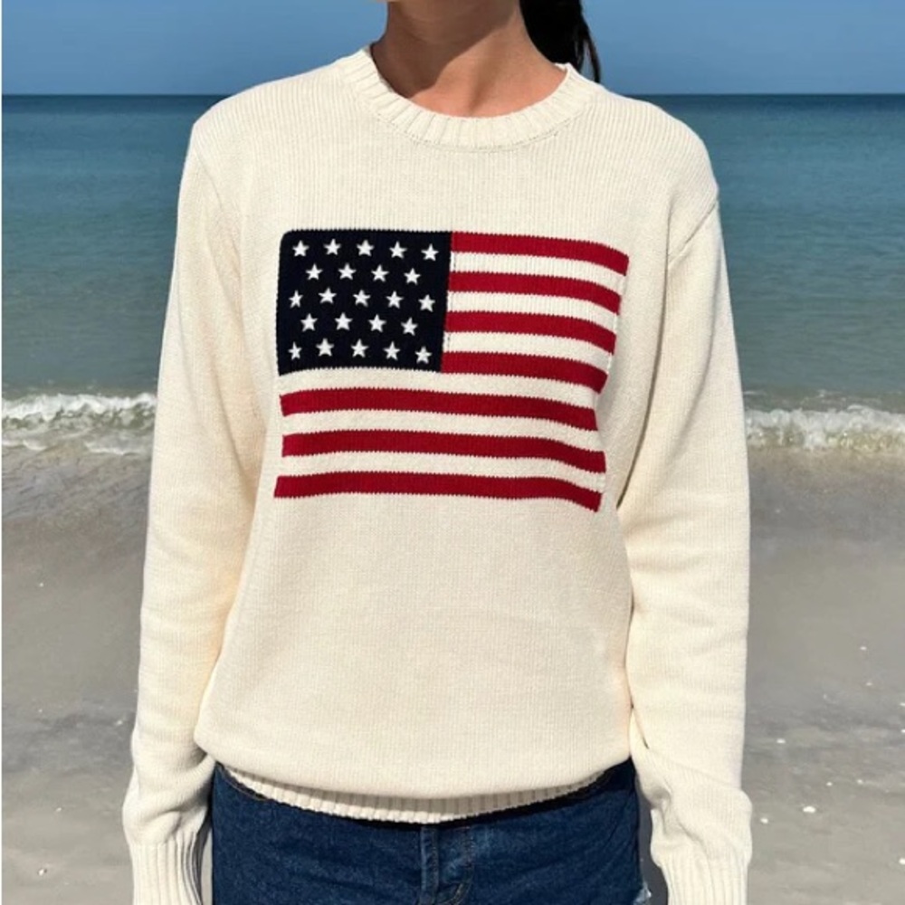Women's 100% Cotton Cream Sweater with American Flag